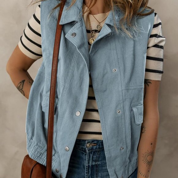 Womens Vests 2025 Fall Outerwear Button-Down Lapel Collar Elastic Hem Sleeveless - Picture 3 of 5